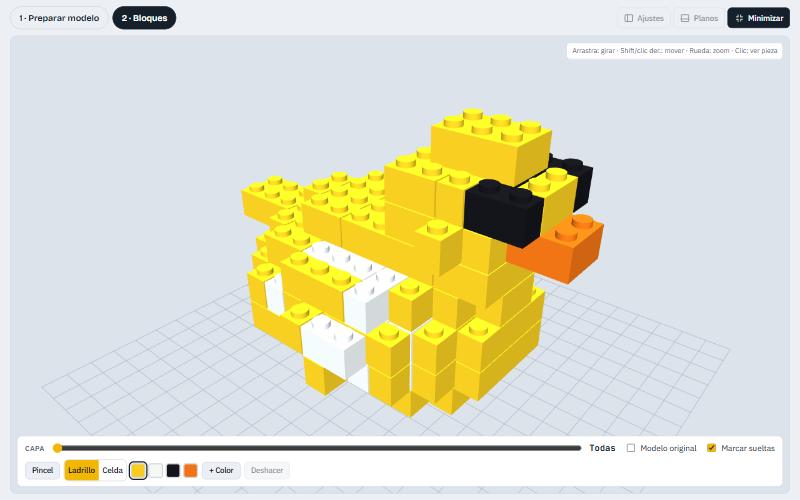 El patito de ejemplo convertido en bloques de colores